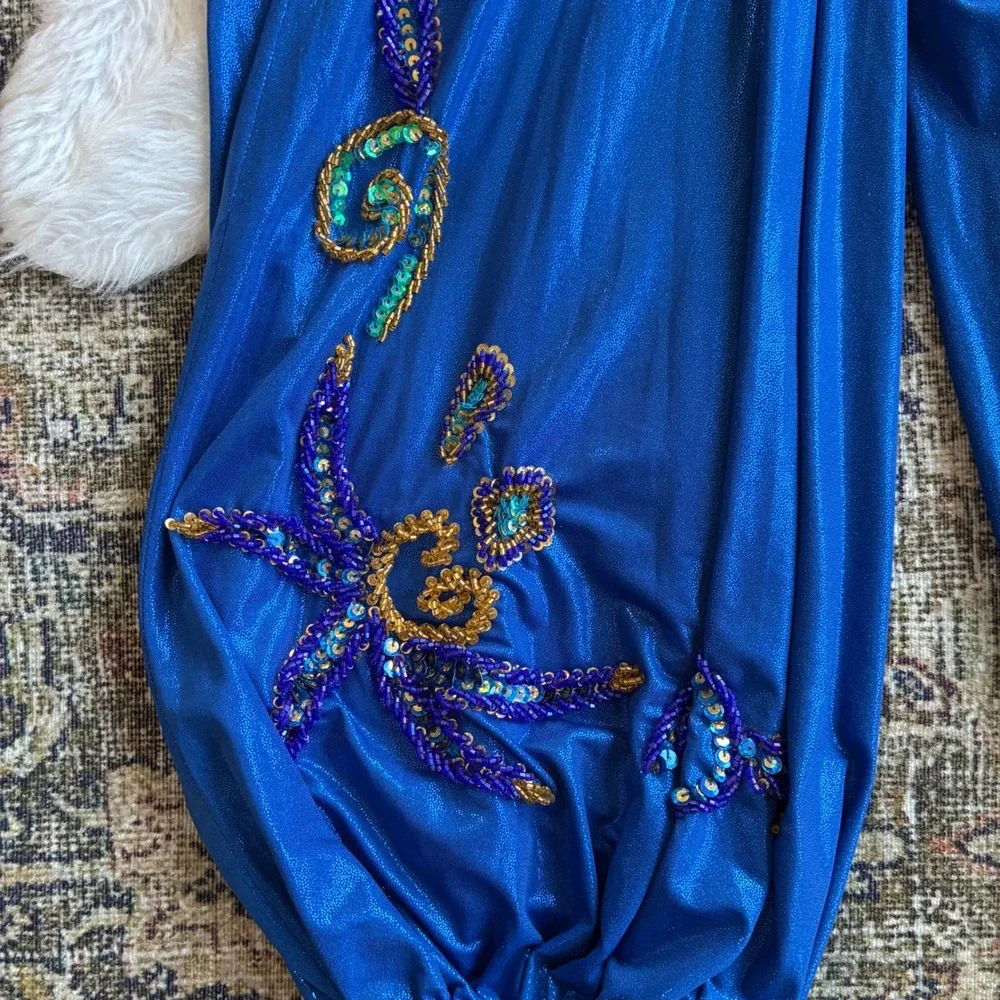 Hand Beaded Bedlah Blue Belly Dancing Costume Set Bra Top and Harem Pants